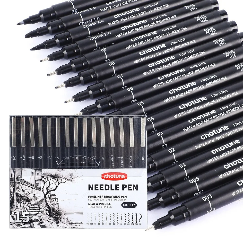 Correction Pen Fine - Micro stylos noirs, 15 tailles, encre