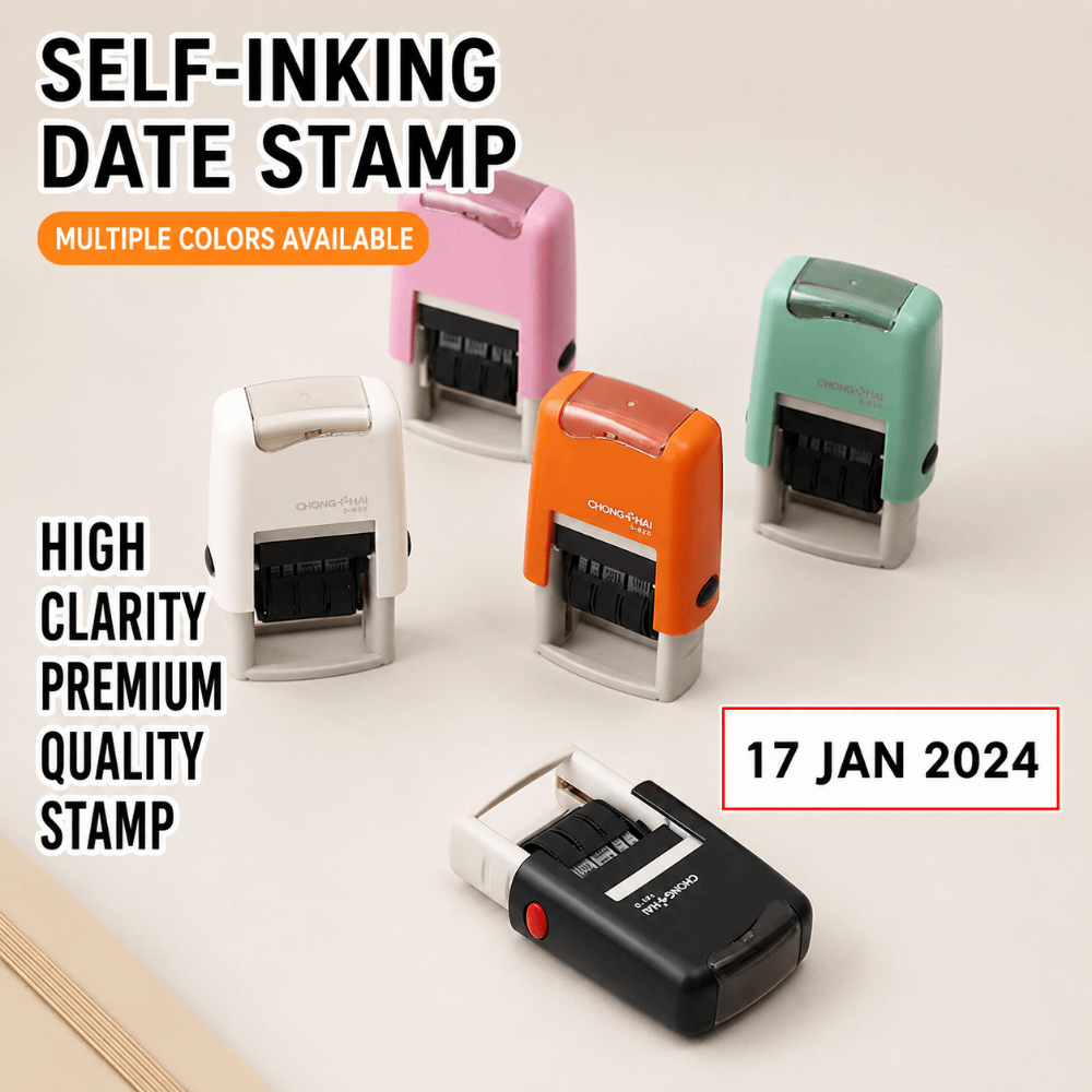 Rubber Date Stamp - Tampon encreur automatique avec date jour-mois-année,